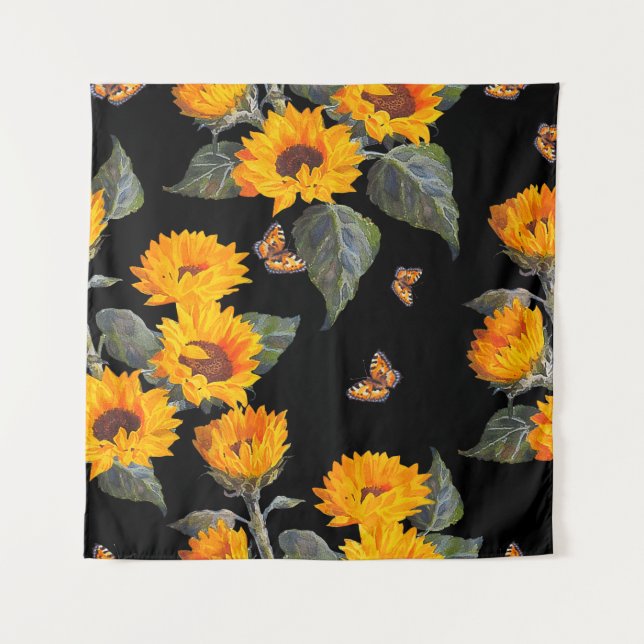 Seamless floral pattern sunflowers on black backgr tapestry (Front)