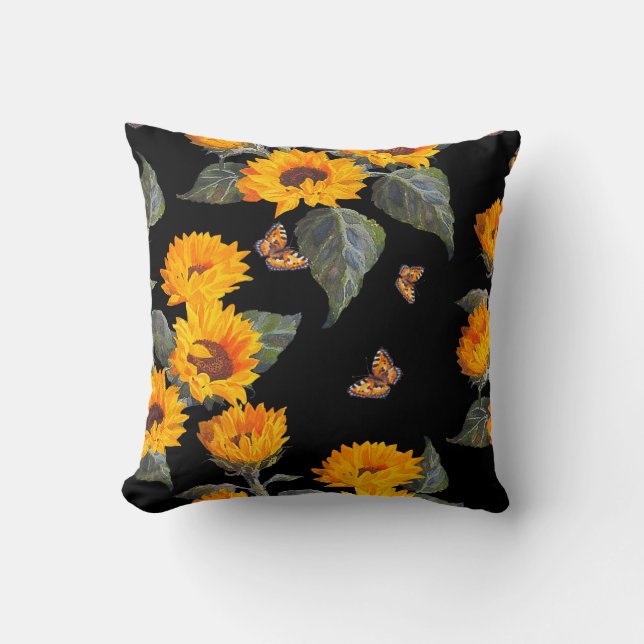 Seamless floral pattern sunflowers on black backgr throw pillow (Front)