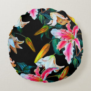 Seamless floral pattern. White and pink lily on a  Round Pillow
