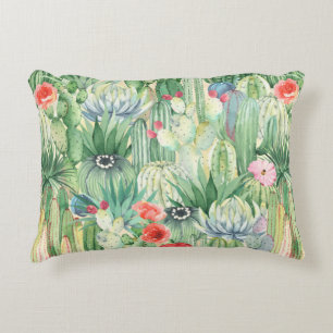 Seamless floral pattern with cacti, succulents and accent pillow