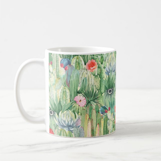 Seamless floral pattern with cacti, succulents and coffee mug (Left)