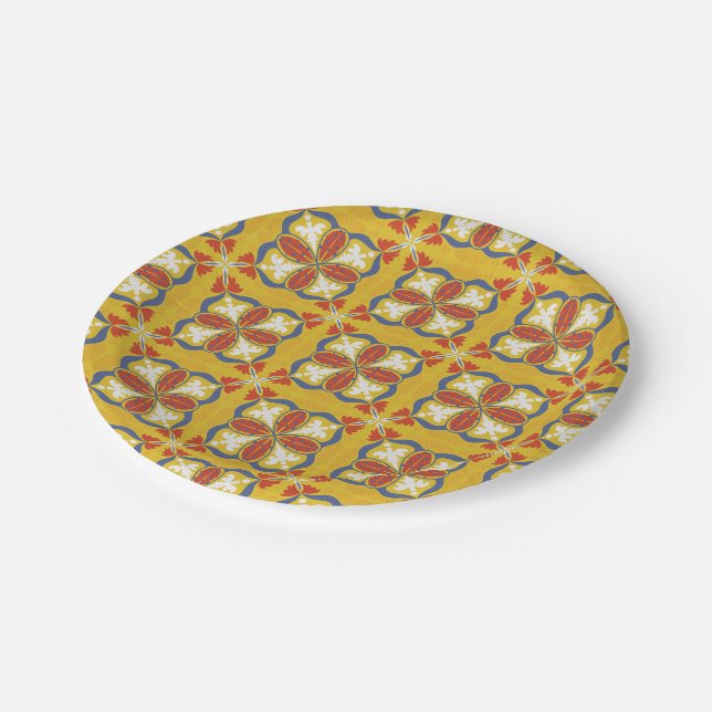 Seamless floral pattern with red, white, and blue  paper plate (Angled)
