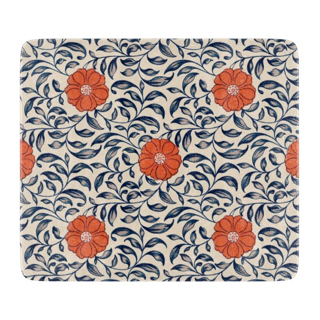 Seamless floral pattern with vibrant orange flower cutting board (Front)