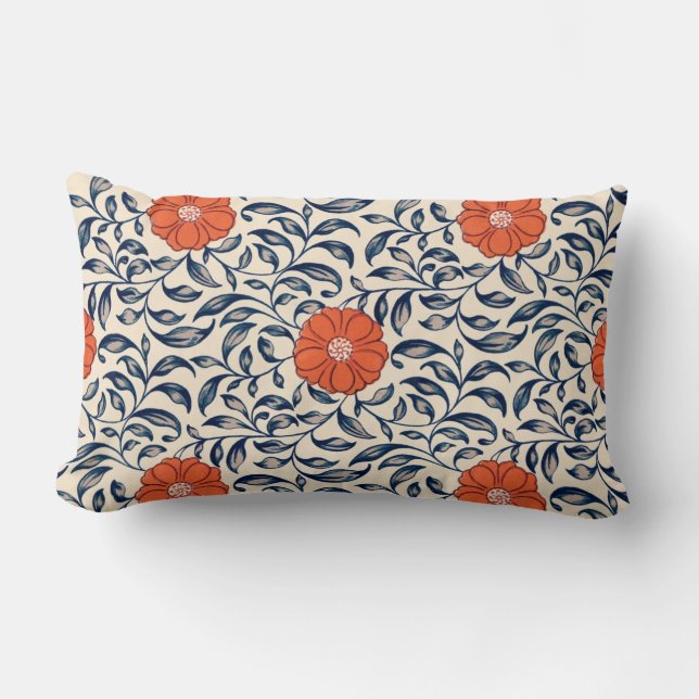 Seamless floral pattern with vibrant orange flower lumbar pillow (Front)
