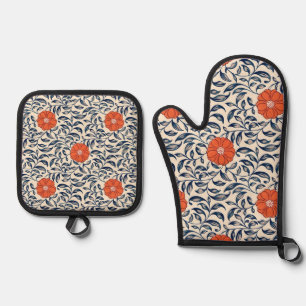 Seamless floral pattern with vibrant orange flower oven mitt & pot holder set