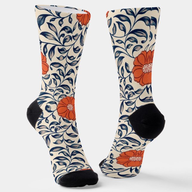 Seamless floral pattern with vibrant orange flower socks (Angled)
