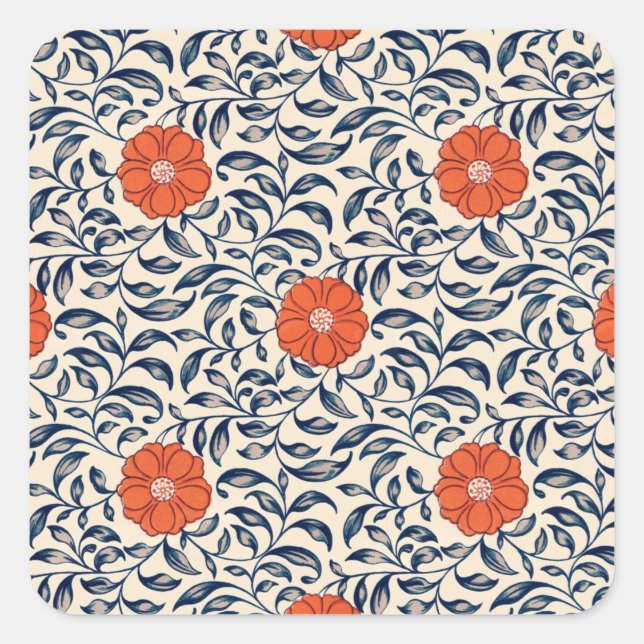 Seamless floral pattern with vibrant orange flower square sticker (Front)