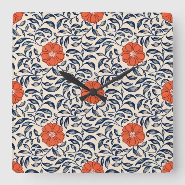 Seamless floral pattern with vibrant orange flower square wall clock (Front)