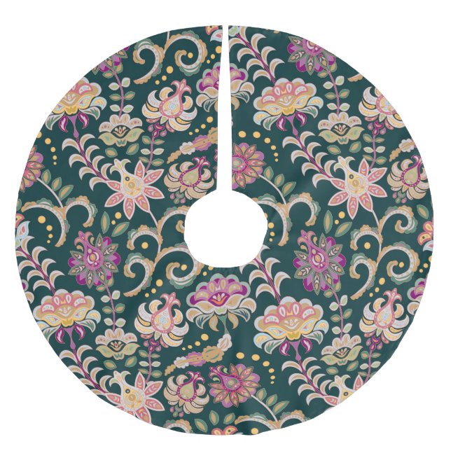 Seamless Floral Pink Dark Background Brushed Polyester Tree Skirt (Front)