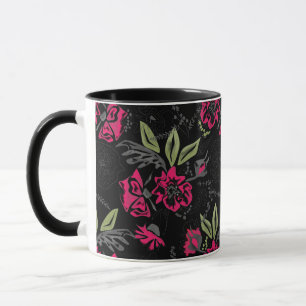 Seamless floral pink flowers green leaves sketched mug