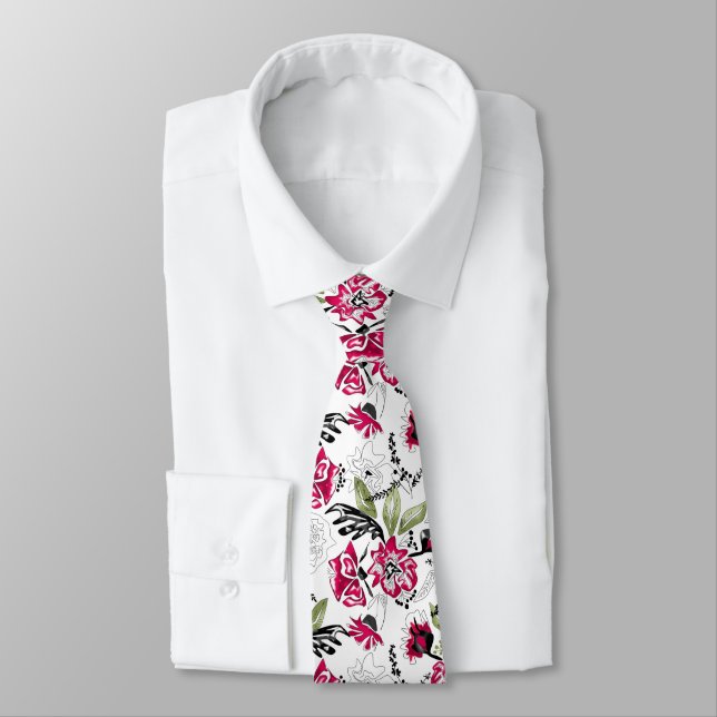 Seamless floral pink flowers green leaves sketched tie (Tied)