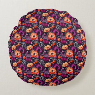 Seamless Floral With Red, Orange, Purple Flowers Round Pillow