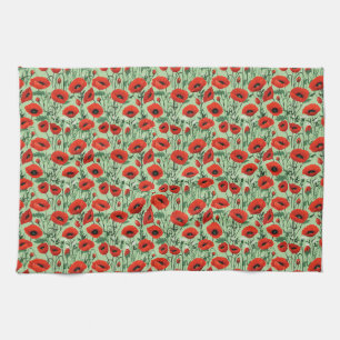 Seamless Floral With Red Poppies and White Daisies Kitchen Towel