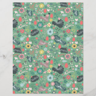 Seamless flower and dragonflies pattern on green