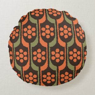 Seamless flower repeat pattern orange gold50s,60s, round pillow
