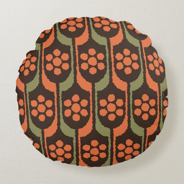 Seamless flower repeat pattern orange gold50s,60s, round pillow (Front)