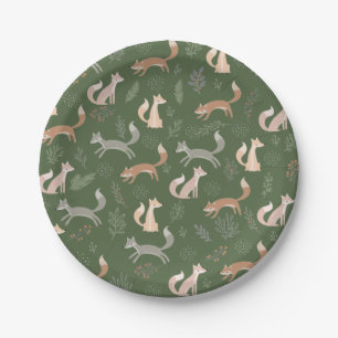 Seamless Fox Winter Branches and Leaves Paper Plate