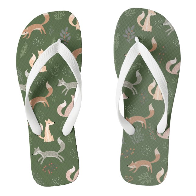 Seamless Fox Winter Branches and Leaves Pattern Fl Flip Flops (Footbed)