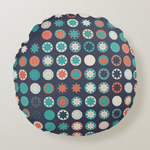 Seamless geometric pattern with coloured elements, round pillow