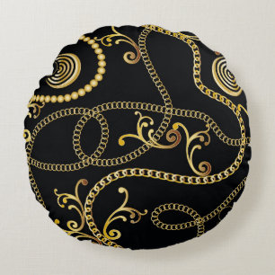 Seamless golden chain pattern fashion, Illustrati Round Pillow