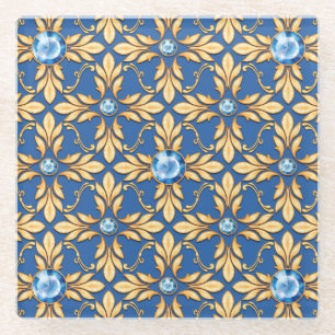 Seamless golden pattern with blue gems 1 glass coaster