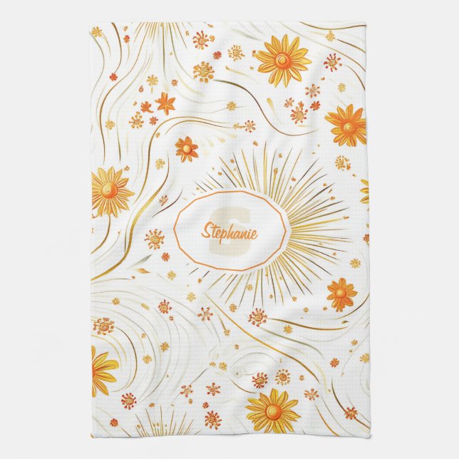 Seamless Golden Sun & Rays - with Abstract Star Kitchen Towel (Vertical)