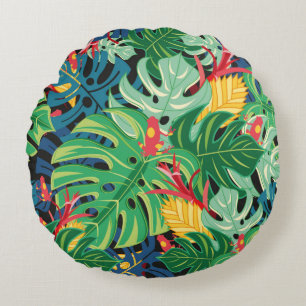 Seamless graphic pattern with leaves monstera and  round pillow