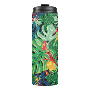 Seamless graphic pattern with leaves monstera and thermal tumbler