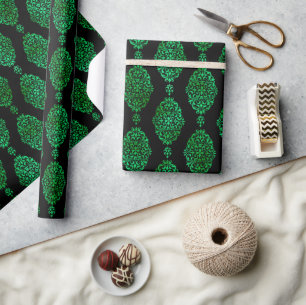 Seamless Green & Black Ornate Damask Halloween Wrapping Paper