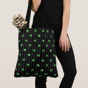 Seamless Green Foil Pumpkins & Stripes Halloween Tote Bag