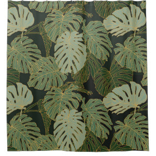 Seamless green khaki and gold monstera pattern