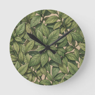 Seamless Green Leaf Botanical Vintage Pattern Round Clock