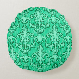 Seamless green vintage baroque pattern. Illustrati Round Pillow