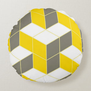 Seamless grey and yellow isometric cubical trident round pillow