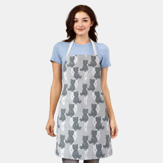 Seamless grey teddy bear, pink heart, silhouette apron