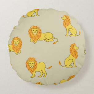 Seamless hand drawn lion pattern. Vintage backgrou Round Pillow