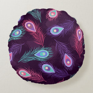 Seamless hand drawn peacock feathers pattern. Vint Round Pillow