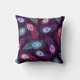 Seamless hand drawn peacock feathers pattern. Vint Throw Pillow