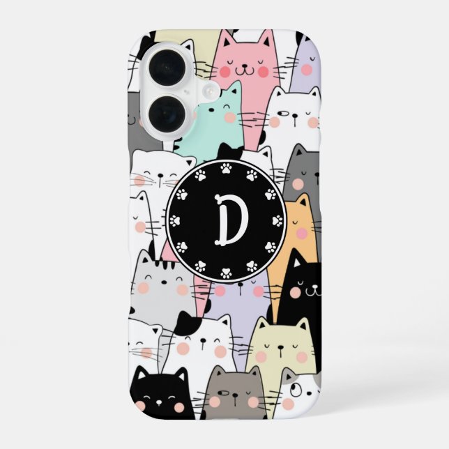 Seamless Illustration Cats Monogram iPhone 16 Case (Back)