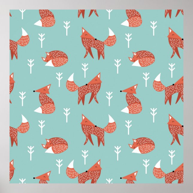 Seamless illustration pattern with cute orange fox poster (Front)