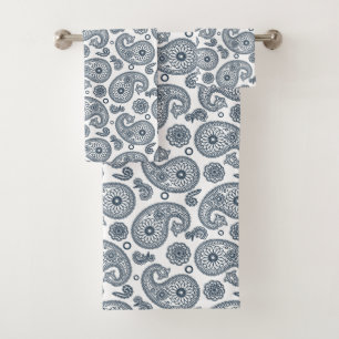 Seamless Indian dark blue paisley pattern on white Bath Towel Set