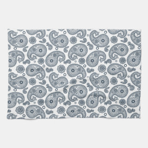 Seamless Indian dark blue paisley pattern on white Kitchen Towel