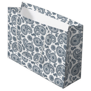 Seamless Indian dark blue paisley pattern on white Large Gift Bag