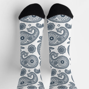 Seamless Indian dark blue paisley pattern on white Socks