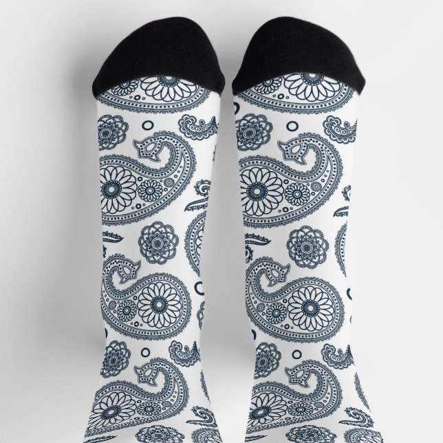 Seamless Indian dark blue paisley pattern on white Socks (Top)