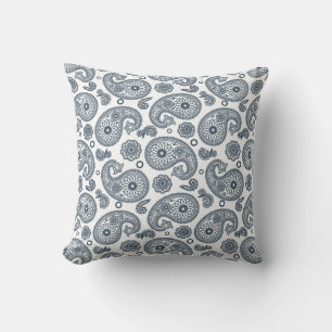 Seamless Indian dark blue paisley pattern on white Throw Pillow
