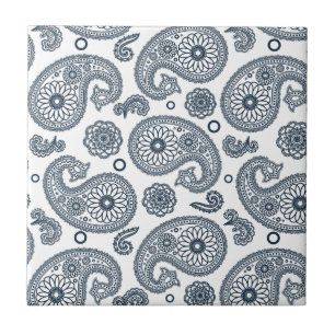 Seamless Indian dark blue paisley pattern on white Tile