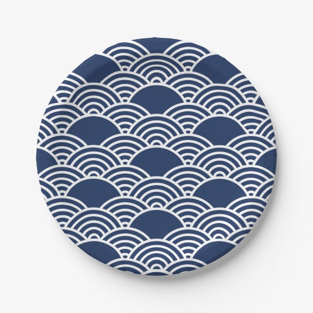 Seamless Japanese wave pattern with navy blue  Paper Plate (Front)