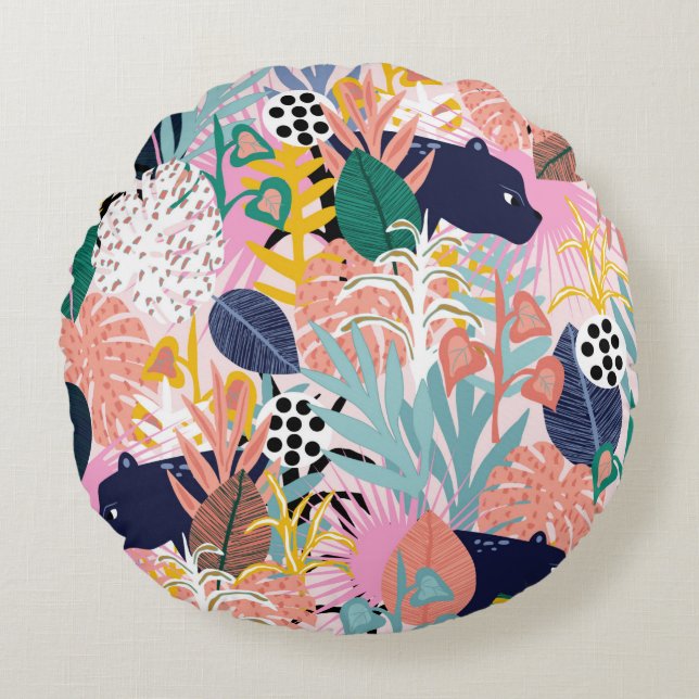 Seamless jungle pattern with panthers, colourful l round pillow (Front)