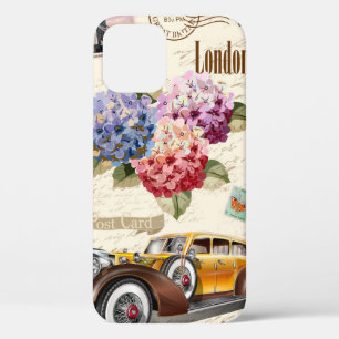 Seamless London vintage background with retro car, iPhone 12 Case